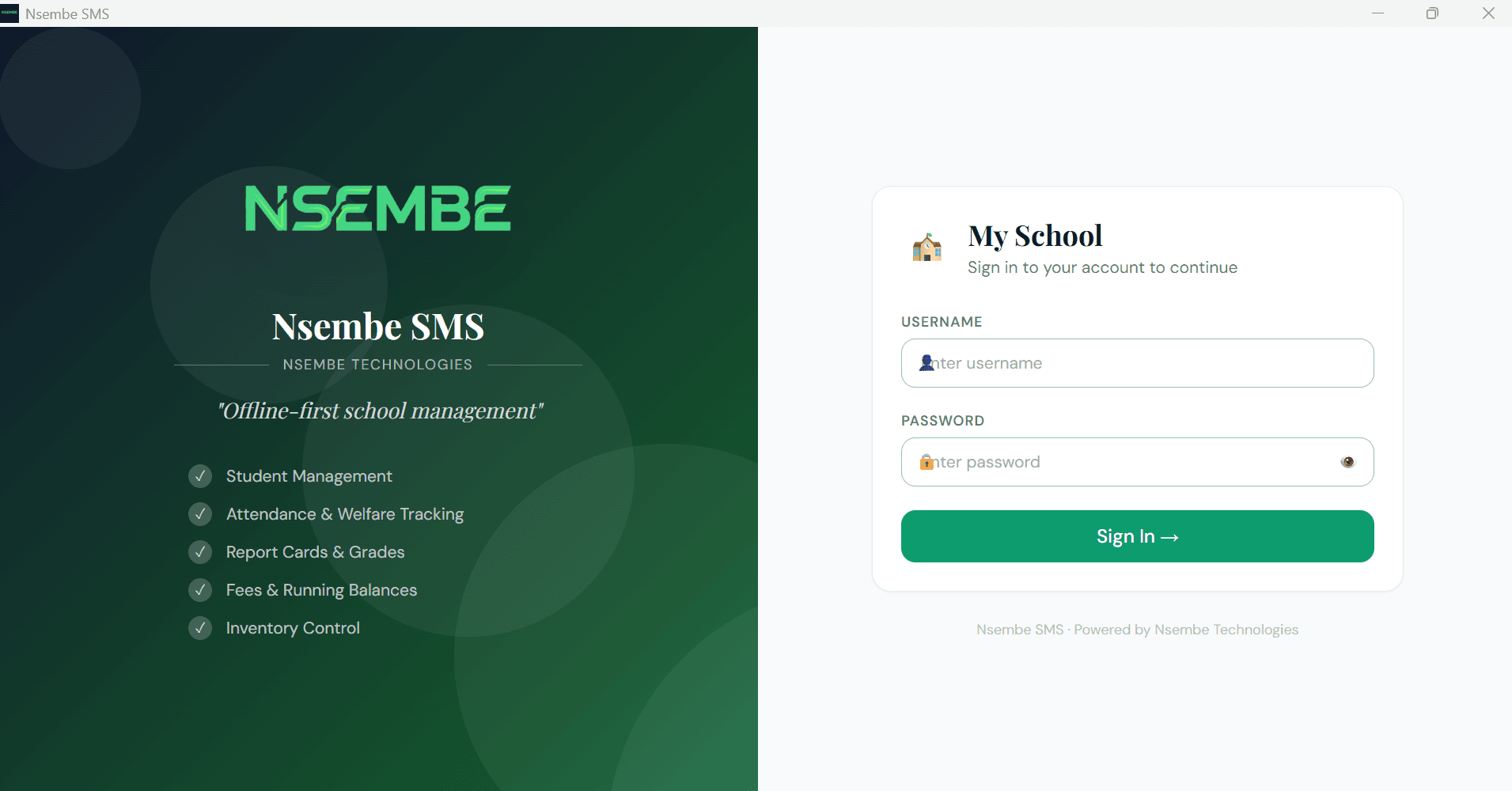 Nsembe SMS sign-in screen, running offline
