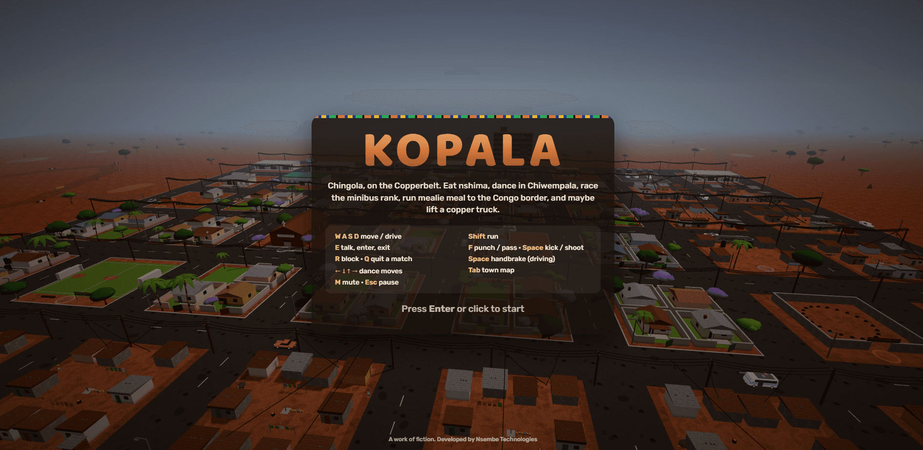 Kopala title screen over an aerial view of Chingola